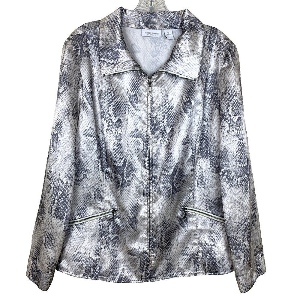 Chicos Snakeskin Jacket Womens 2 L Zip Pockets Lightweight Edgy Mobwife